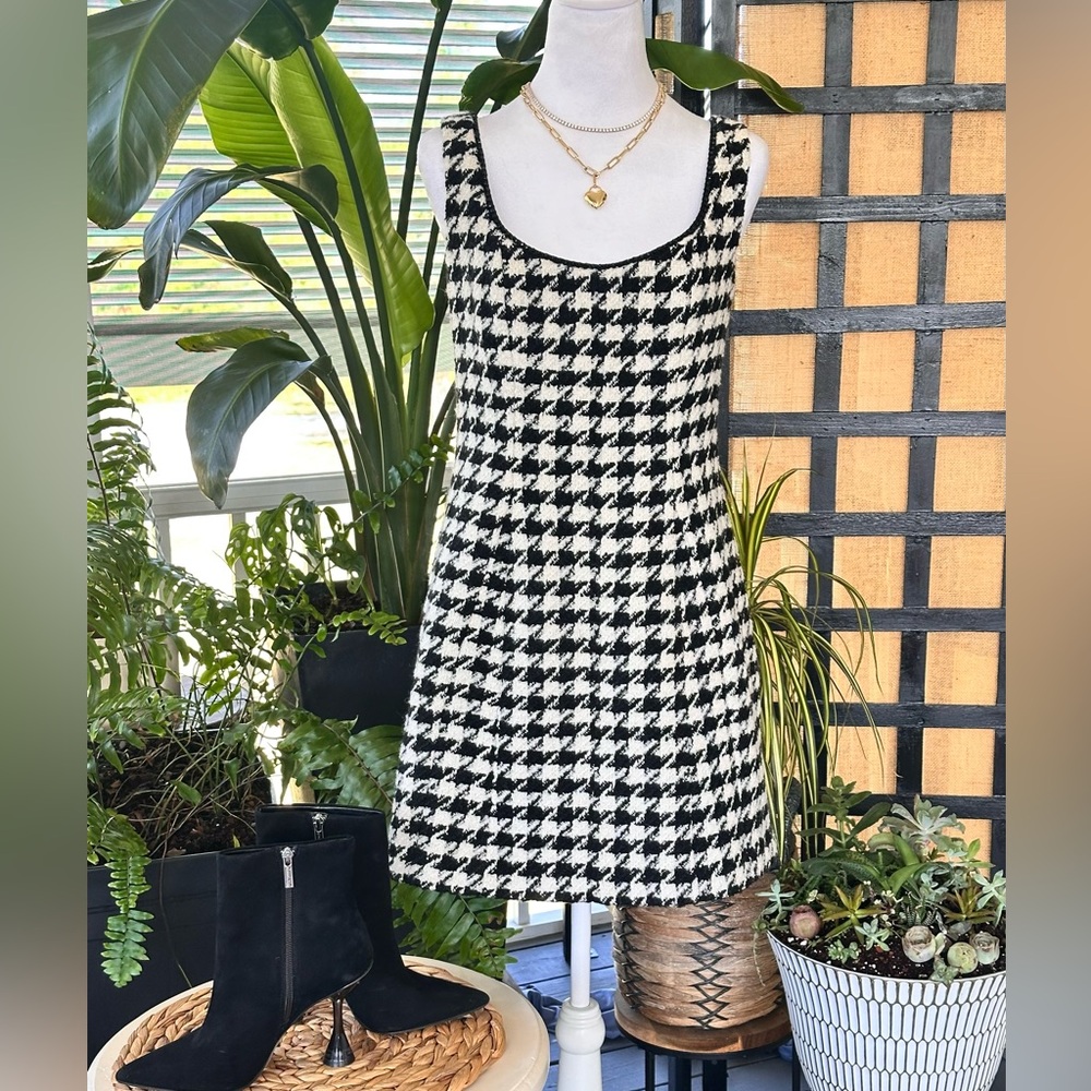 Antonio Melani Black & White Houndstooth Tweed Beaded Neckline Mini Dress
